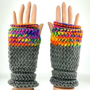 Hand Knitted Light Gray & Rainbow Women’s Fingerless Mittens Gloves